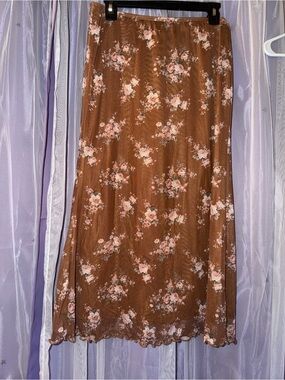 SHEIN Brown Midi Skirt with Pink Floral Print